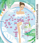 mulher jovem, tendo, aromatherapy, banho