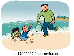 Father and His Children Enjoying Gathering Shellfish