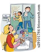 Father, Mother and Child Cleaning Their House Together at End of Year