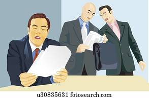 Three business people reading newspaper