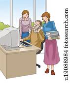 Senior adult man and young adult women working, Illustration, Side View