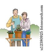 Senior couple enjoying gardening, Illustration, Front View Senior couple enjoying gardening, Illustration, Front View