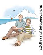Senior couple sitting on the beach, Illustration, Side View Senior couple sitting on the beach, Illustration, Side View