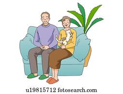 Senior couple smiling and sitting on a sofa, Illustration, Front View Senior couple smiling and sitting on a sofa, Illustration, Front View