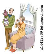 Senior couple smiling, Illustration, High Angle View Senior couple smiling, Illustration, High Angle View