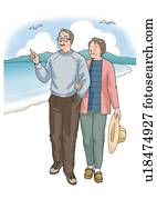 Senior couple walking on the beach, Illustration, Front View Senior couple walking on the beach, Illustration, Front View