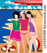 vista, de, três, posição mulher, ligado, um, praia. vista, de, três, posição mulher, ligado, um, praia.