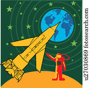 Astronaut by the rocket in space with earth and stars in the background