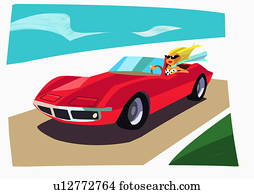 mulher, em, conversível, carro esportes, correndo, baixo, a, rodovia