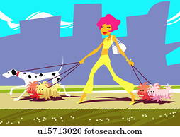 Athletic woman walking five dogs together