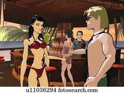 Man and woman toasting each other at a beach bar