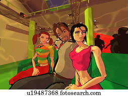 um, homem, com, duas mulheres, em, um, danceteria