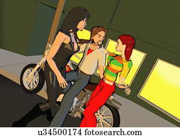 Young man on motorcycle with two women beside him Young man on motorcycle with two women beside him