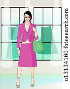 žena, s, jeden, žaloba, in front of, clothes store