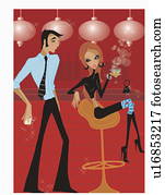 homem, aproximar-se, mulher, uma barra