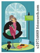 mujer joven, curling, arriba, en, silla, con, un, libro