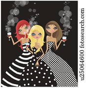 Three women dressed up holding glasses of red wine