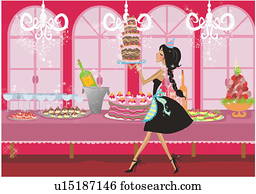 Young woman carrying a tall cake to a table full of sweets Young woman carrying a tall cake to a table full of sweets