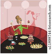 Young woman celebrating alone with a table full of sweets Young woman celebrating alone with a table full of sweets