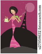 אופנתי, אישה של שיער כהה, ב, שמלה של ערב, לפני, דיוקן, של, המגדל אייפל, ב, פריז