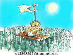 Starving man on a raft in a sea of bottles