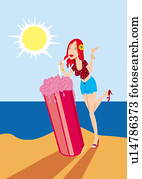 Young woman drinking an enormous granita on the beach Young woman drinking an enormous granita on the beach