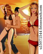 homem, dançar, com, mulher, praia, com, outro, mulher, em, a, sidelines