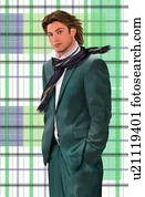 Man modeling a pinstriped suit and a scarf