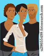 mulher jovem, com, dois, bonito, homens, em, a, fundo