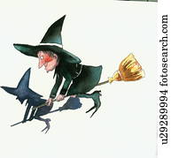 Happy witch on broom with her shadow