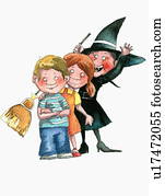 Happy witch with two children