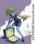 Woman dressed in business suit with an open suitcase