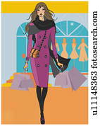 donna camminando, davanti, uno, negozio, in, cappotto inverno, e, borse da spesa