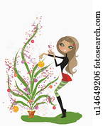 mulher, decorando, planta, como, um, árvore natal