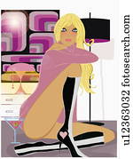 sexy, rubio, en, solamente, alto, talonado, botas, y, camisa