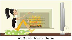 Woman sitting in front of fireplace watching TV
