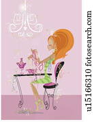 אישה צעירה, עם, הרבה, תכשיטים, לשבת בשולחן