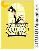 mulher, posar, ligado, um, sacada, trilho, com, dela, bebida