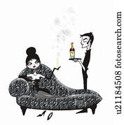 Woman on chaise lounge being served a glass of champagne Woman on chaise lounge being served a glass of champagne