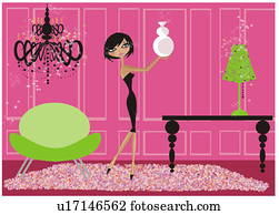 אישה צעירה, התלבש, לשים, אגרטל, ב, סלון