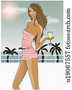 Brunette with summer shorts and halter top with drink in her hand