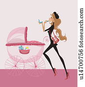 Fashionable mother pushing pram while applying lipstick Fashionable mother pushing pram while applying lipstick
