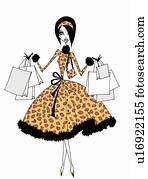 אישה צעירה, ב, נמר, תבנית, תלבושת, עם, הרבה, שקיות של קניות