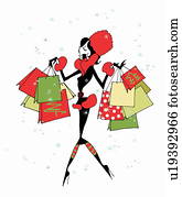 אישה צעירה, עם, הרבה, שקיות של קניות, ב, השלג פתיתים