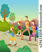 jonge, ouders, wandelende, met, kindjes, op, berg