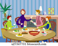 joven, padres, cenar, con, niños, en casa