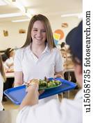 estudante, tendo almoço, em, jantando corredor