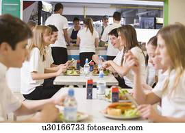 estudantes, tendo almoço, em, jantando corredor