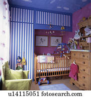 Wallpaper frieze and blue carpet in child's pastel yellow ...
