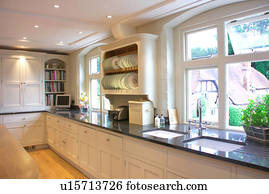 Doble, blanco, fregaderos, y, cromo, grifos, en, negro, granito